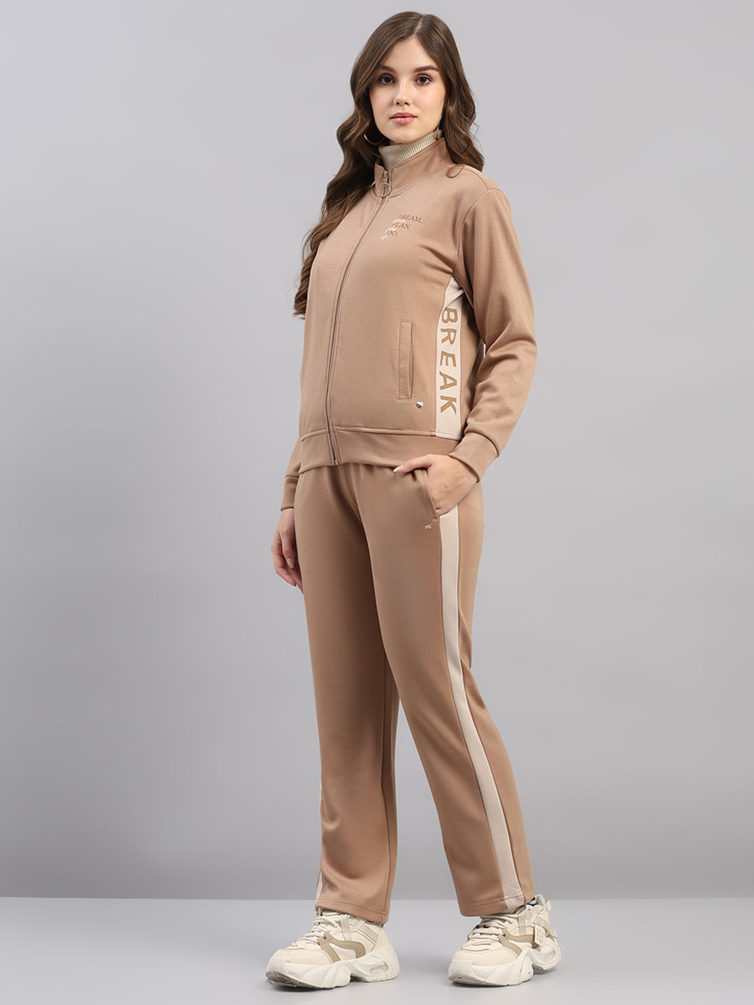 Women Brown Printed Mock Neck Full Sleeve Winter Tracksuit