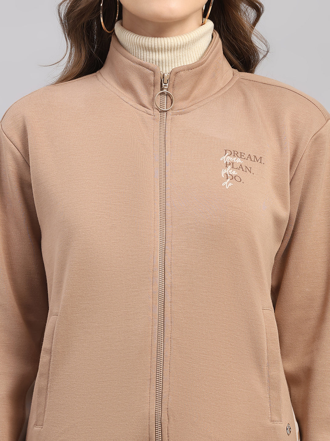 Women Brown Printed Mock Neck Full Sleeve Winter Tracksuit