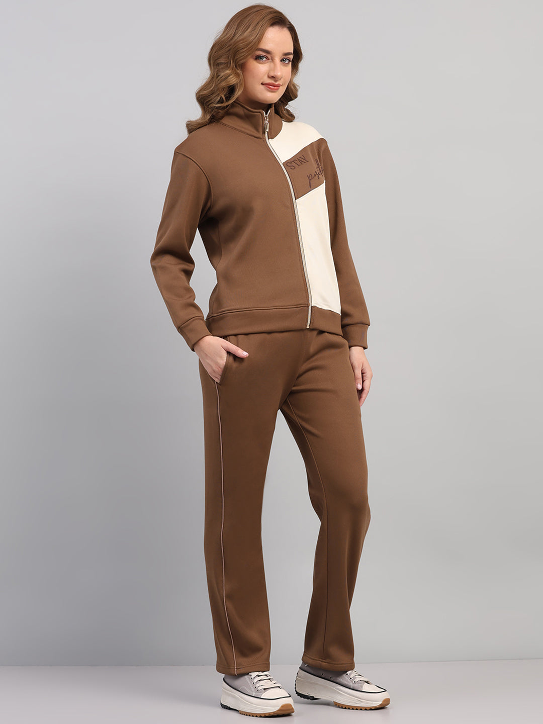 Women Khaki Printed Mock Neck Full Sleeve Winter Tracksuit