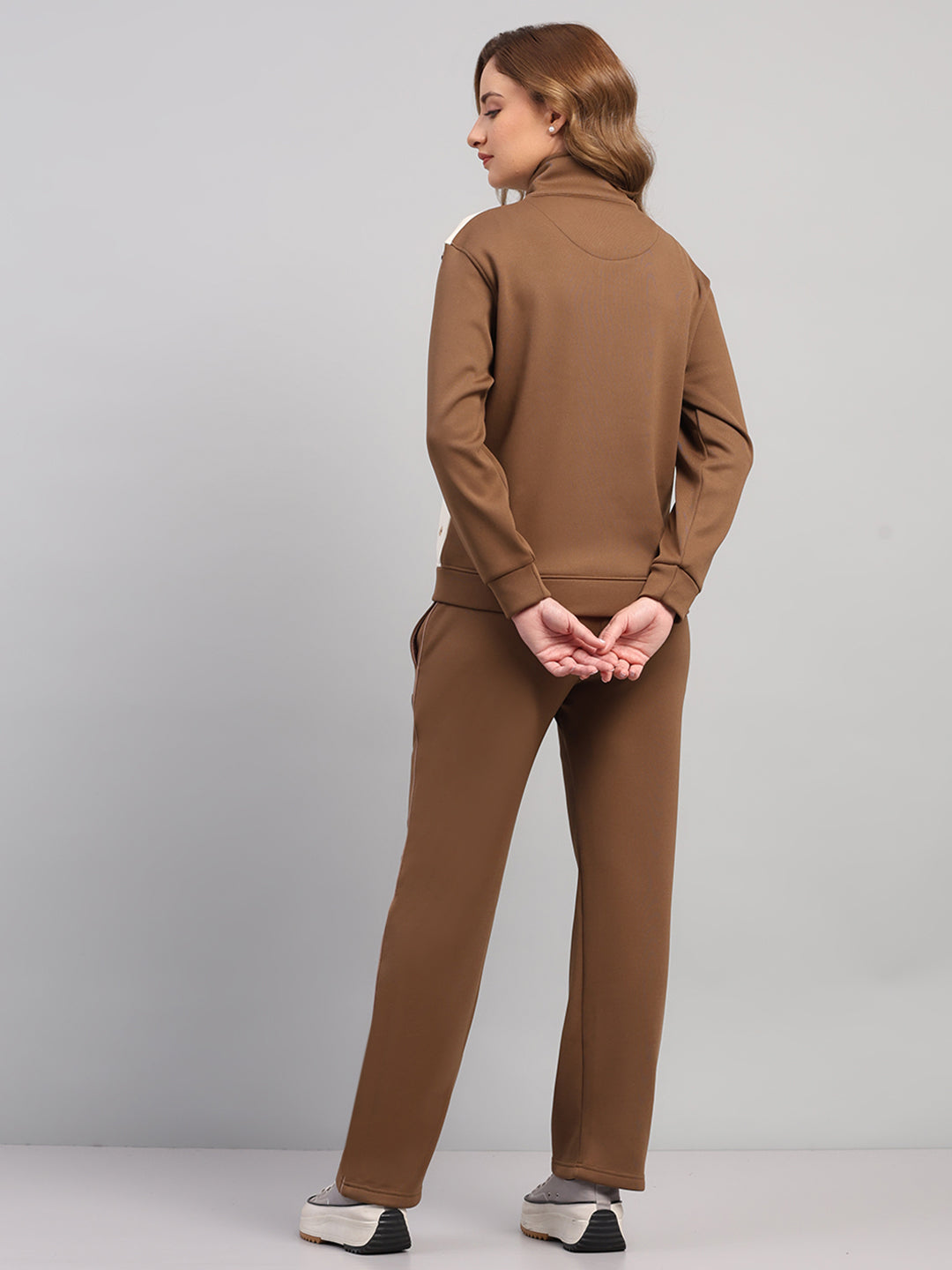 Women Khaki Printed Mock Neck Full Sleeve Winter Tracksuit