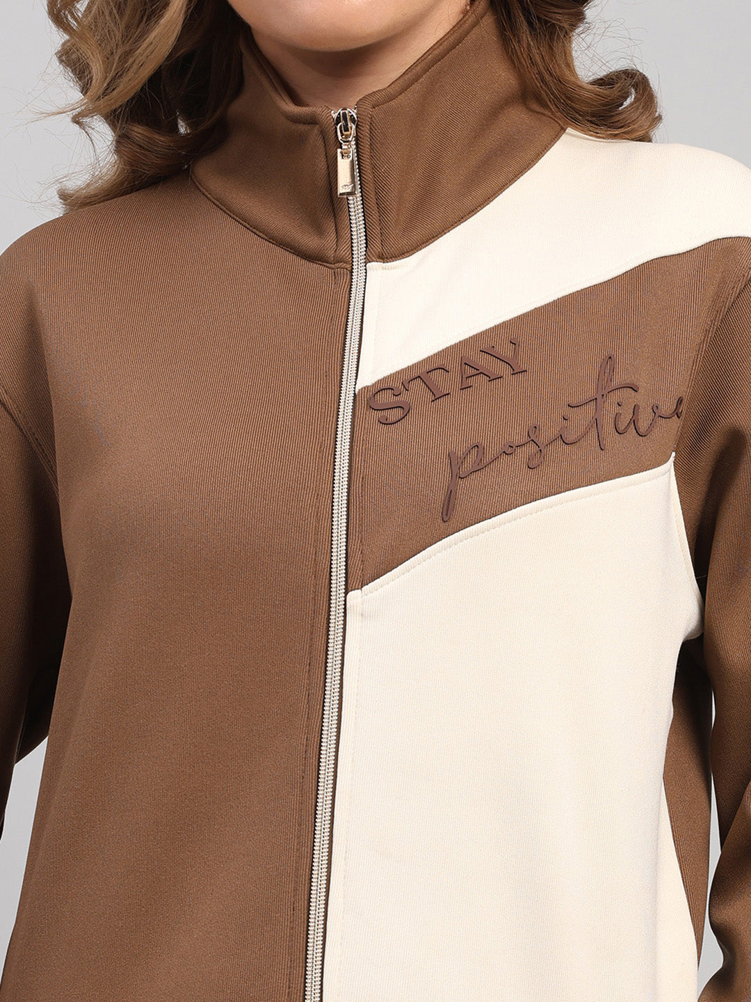 Women Khaki Printed Mock Neck Full Sleeve Winter Tracksuit