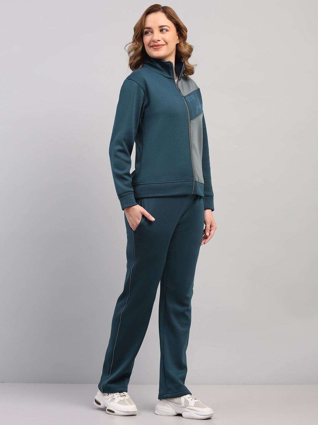 Women Teal Blue Printed Mock Neck Full Sleeve Winter Tracksuit