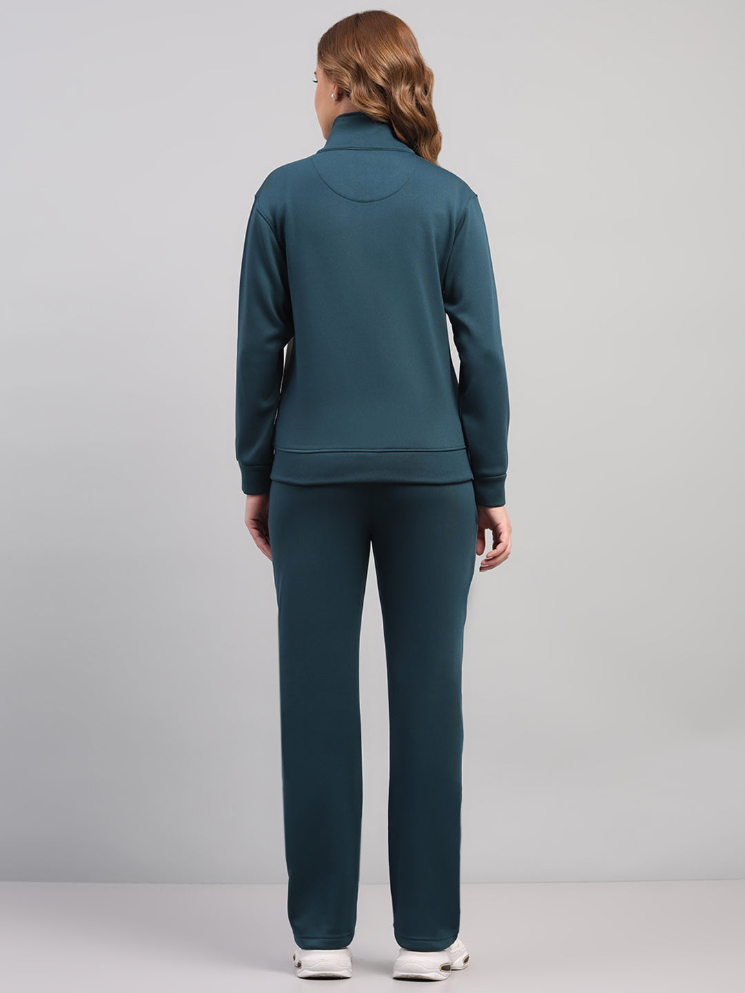 Women Teal Blue Printed Mock Neck Full Sleeve Winter Tracksuit