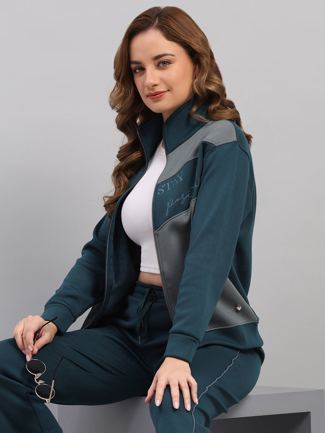 Women Teal Blue Printed Mock Neck Full Sleeve Winter Tracksuit