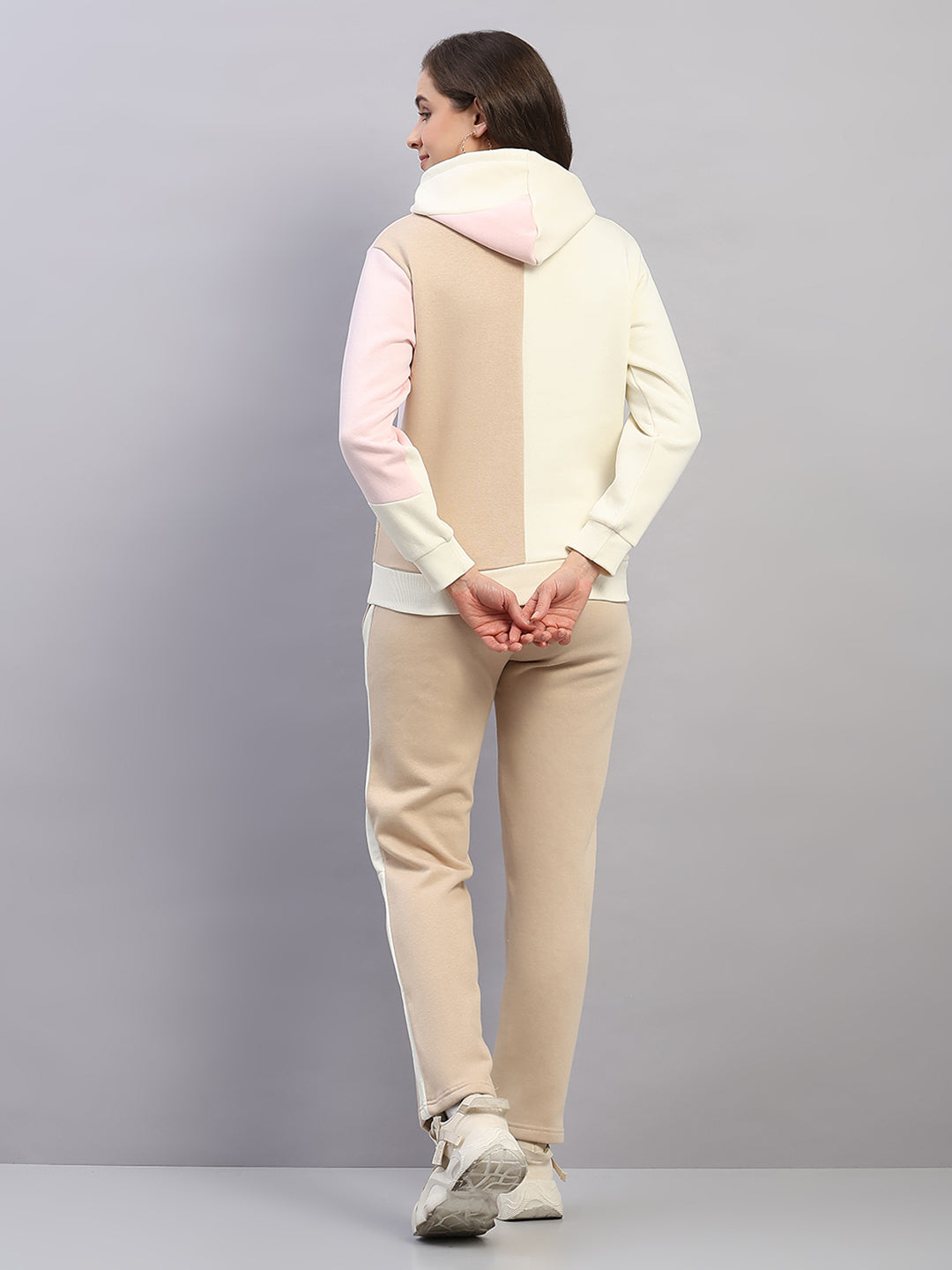Women Beige Printed Hooded Full Sleeve Winter Tracksuit