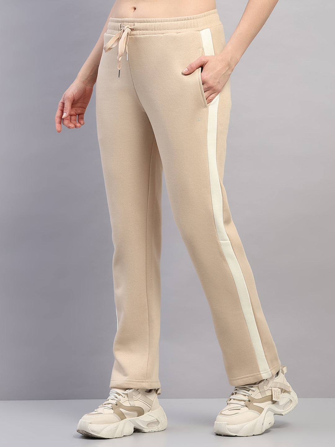 Women Beige Printed Hooded Full Sleeve Winter Tracksuit