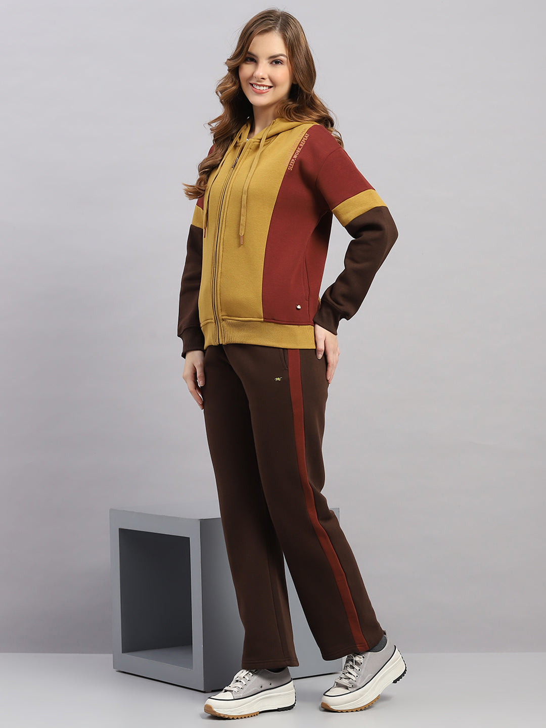 Women Mustard Printed Hooded Full Sleeve Winter Tracksuit