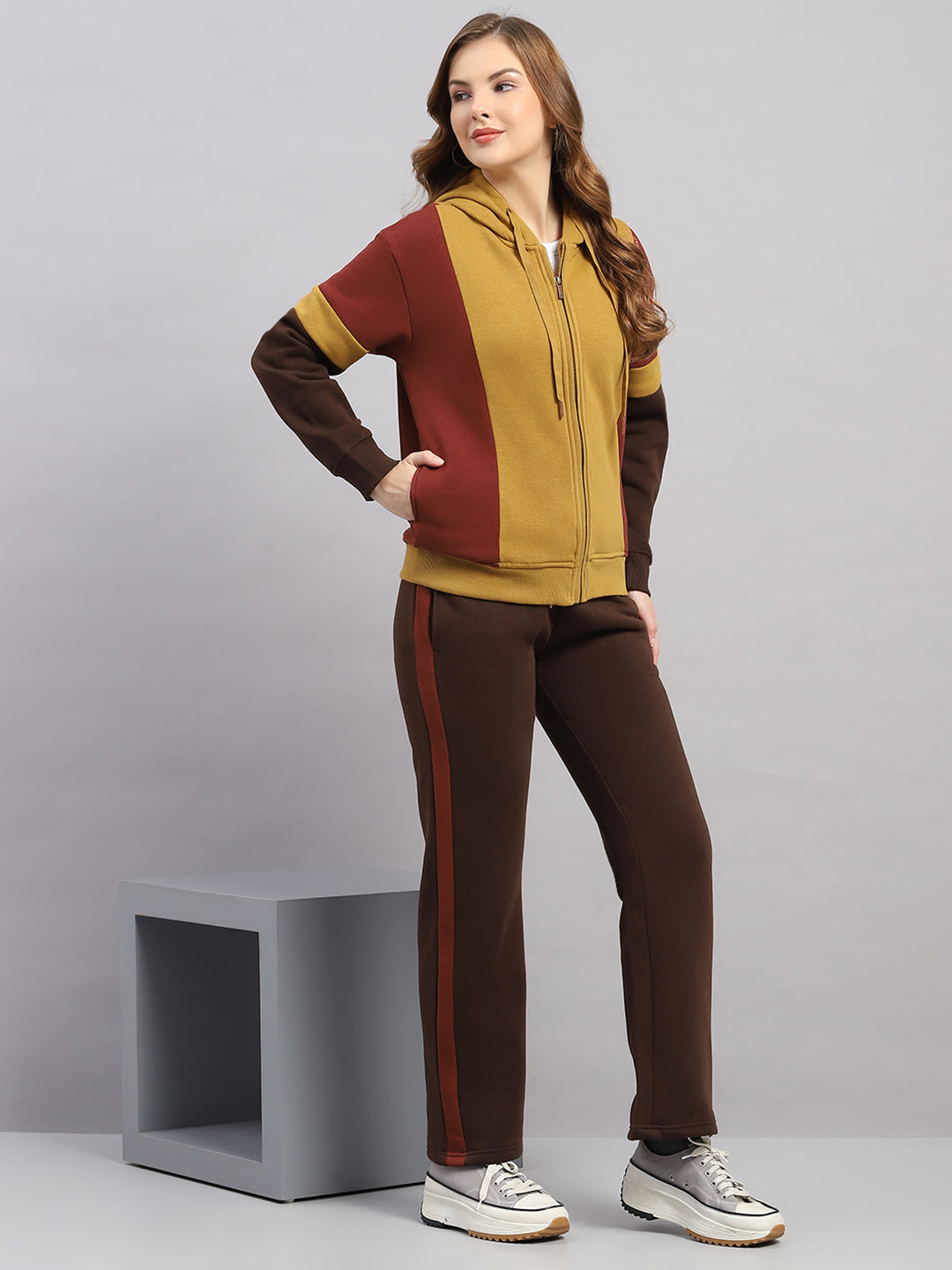 Women Mustard Printed Hooded Full Sleeve Winter Tracksuit