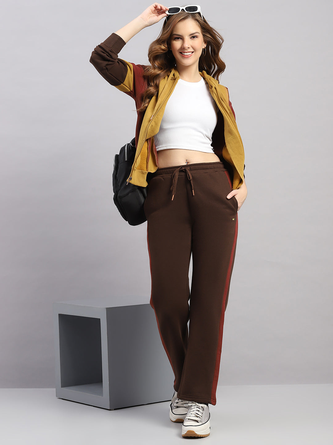 Women Mustard Printed Hooded Full Sleeve Winter Tracksuit