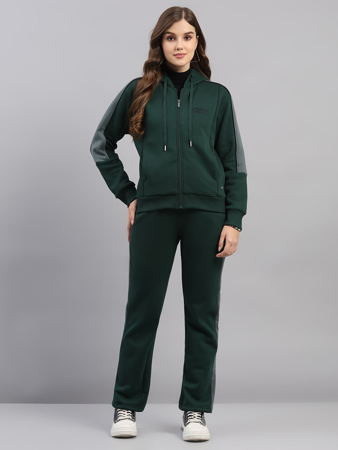 Women Green Printed Hooded Full Sleeve Winter Tracksuit