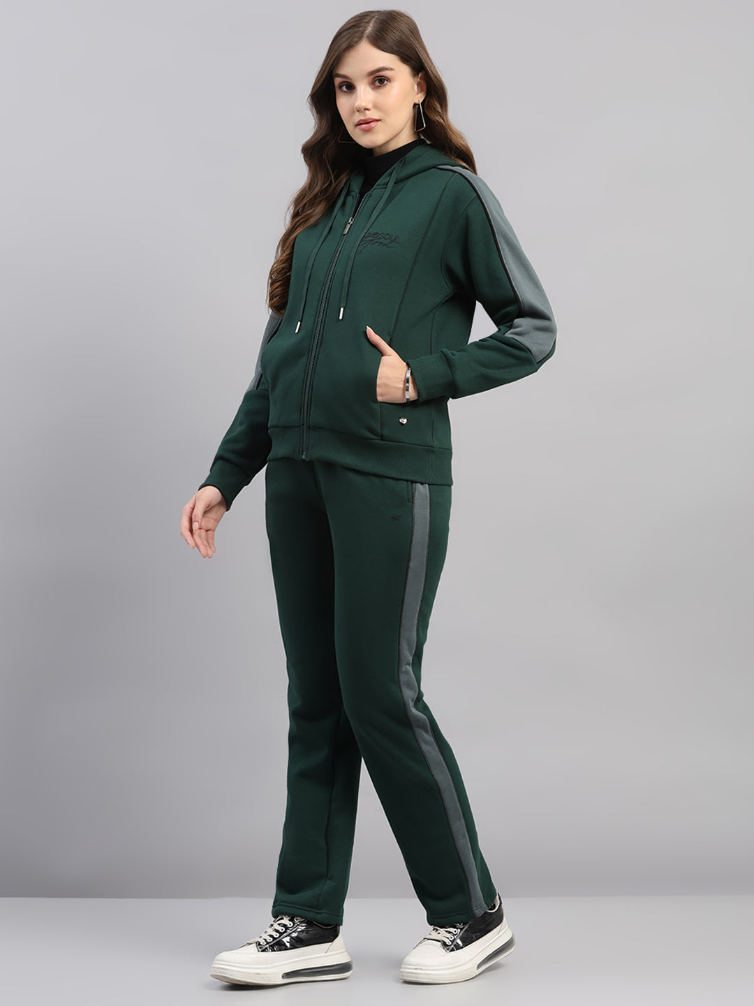 Women Green Printed Hooded Full Sleeve Winter Tracksuit