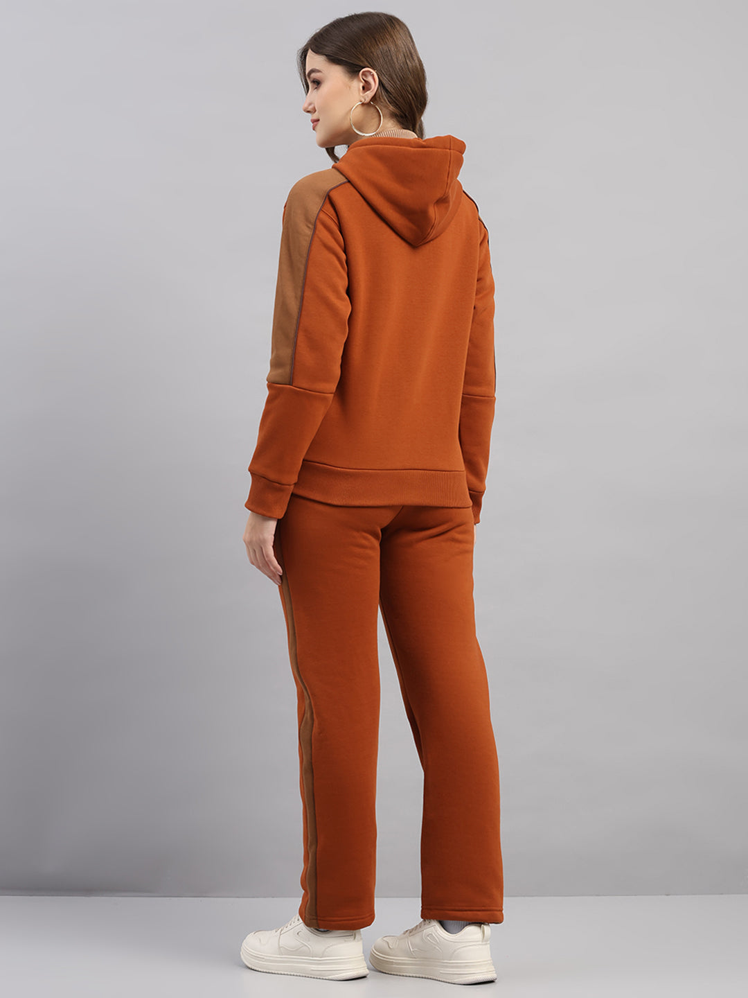 Women Brown Printed Hooded Full Sleeve Winter Tracksuit