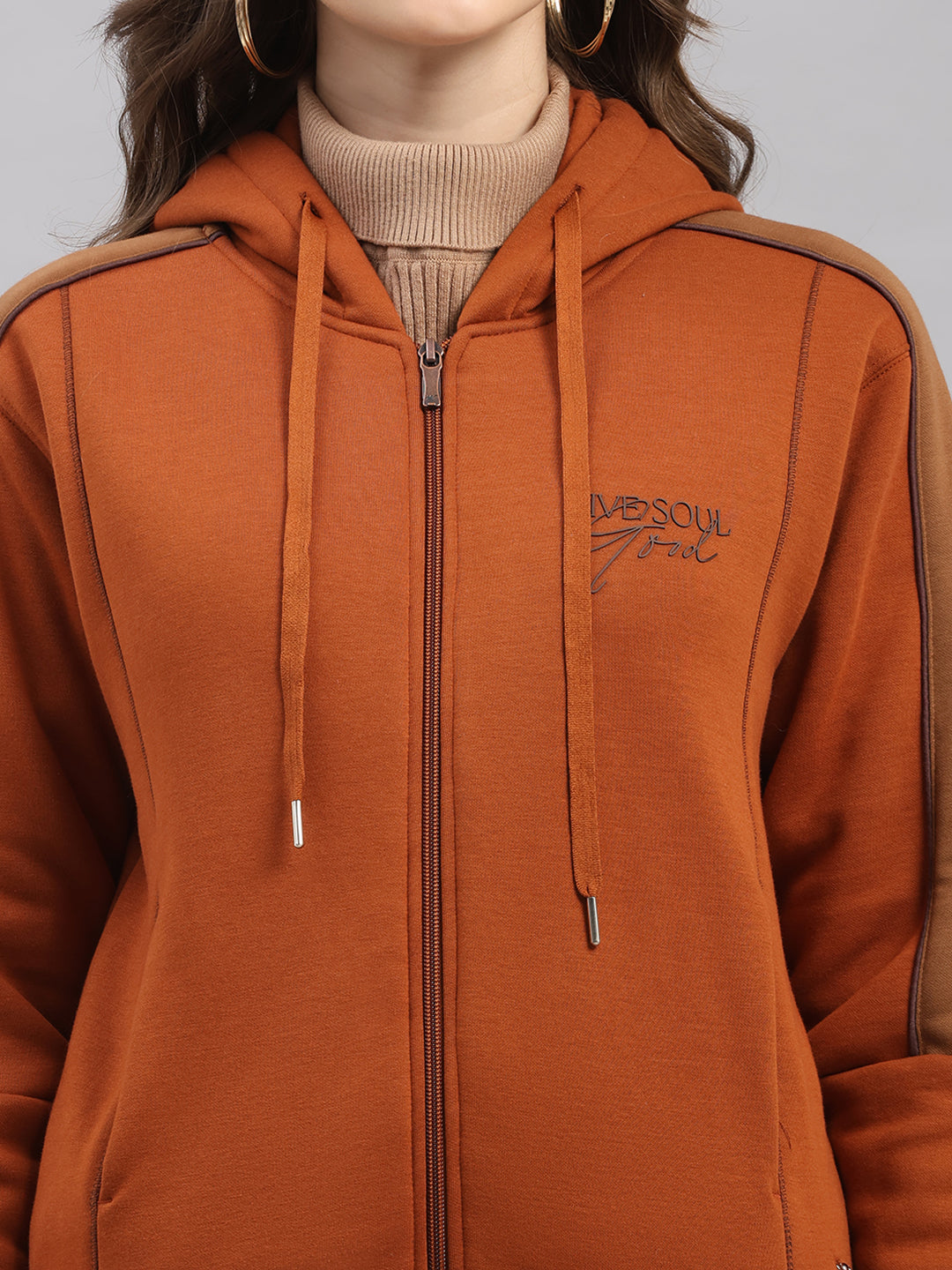 Women Brown Printed Hooded Full Sleeve Winter Tracksuit