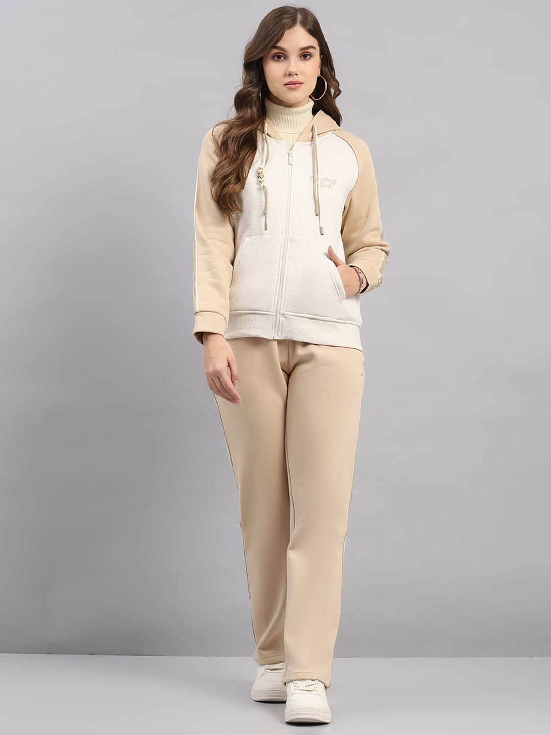 Women Beige Printed Hooded Full Sleeve Winter Tracksuit