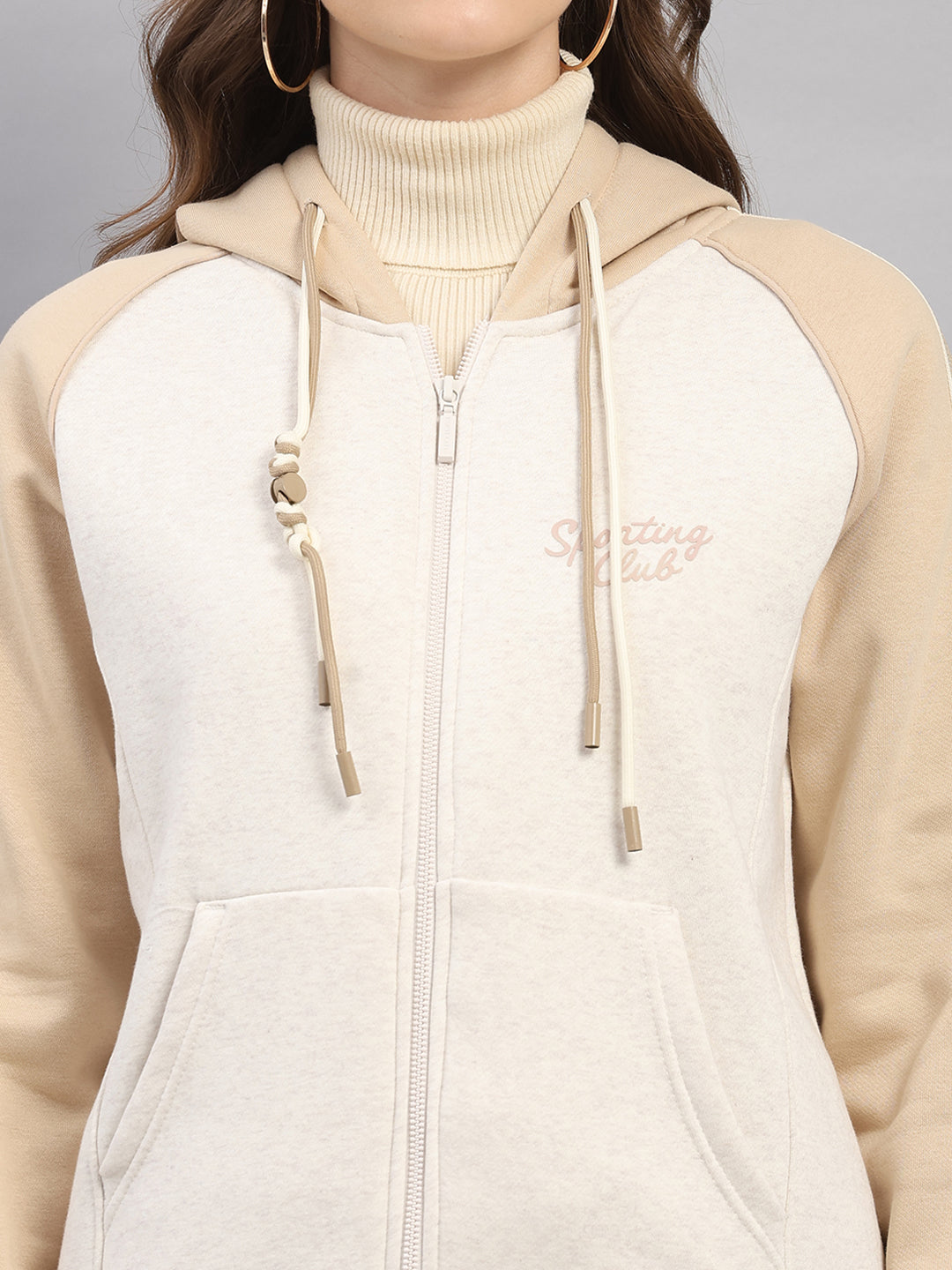 Women Beige Printed Hooded Full Sleeve Winter Tracksuit