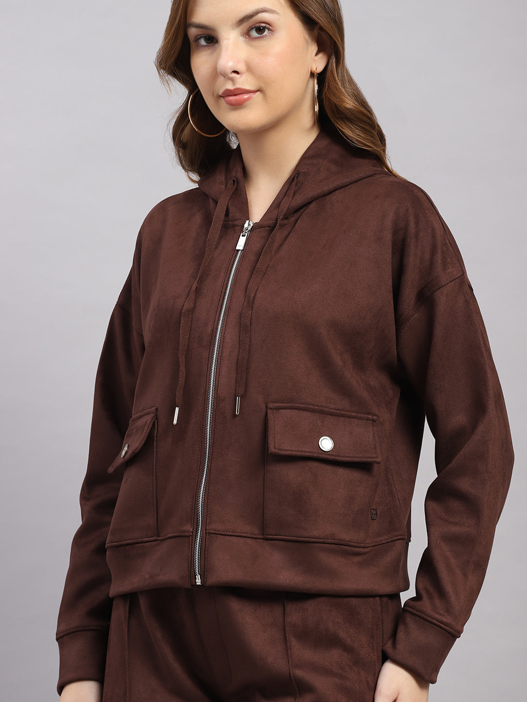 Women Brown Solid Hooded Full Sleeve Winter Tracksuit