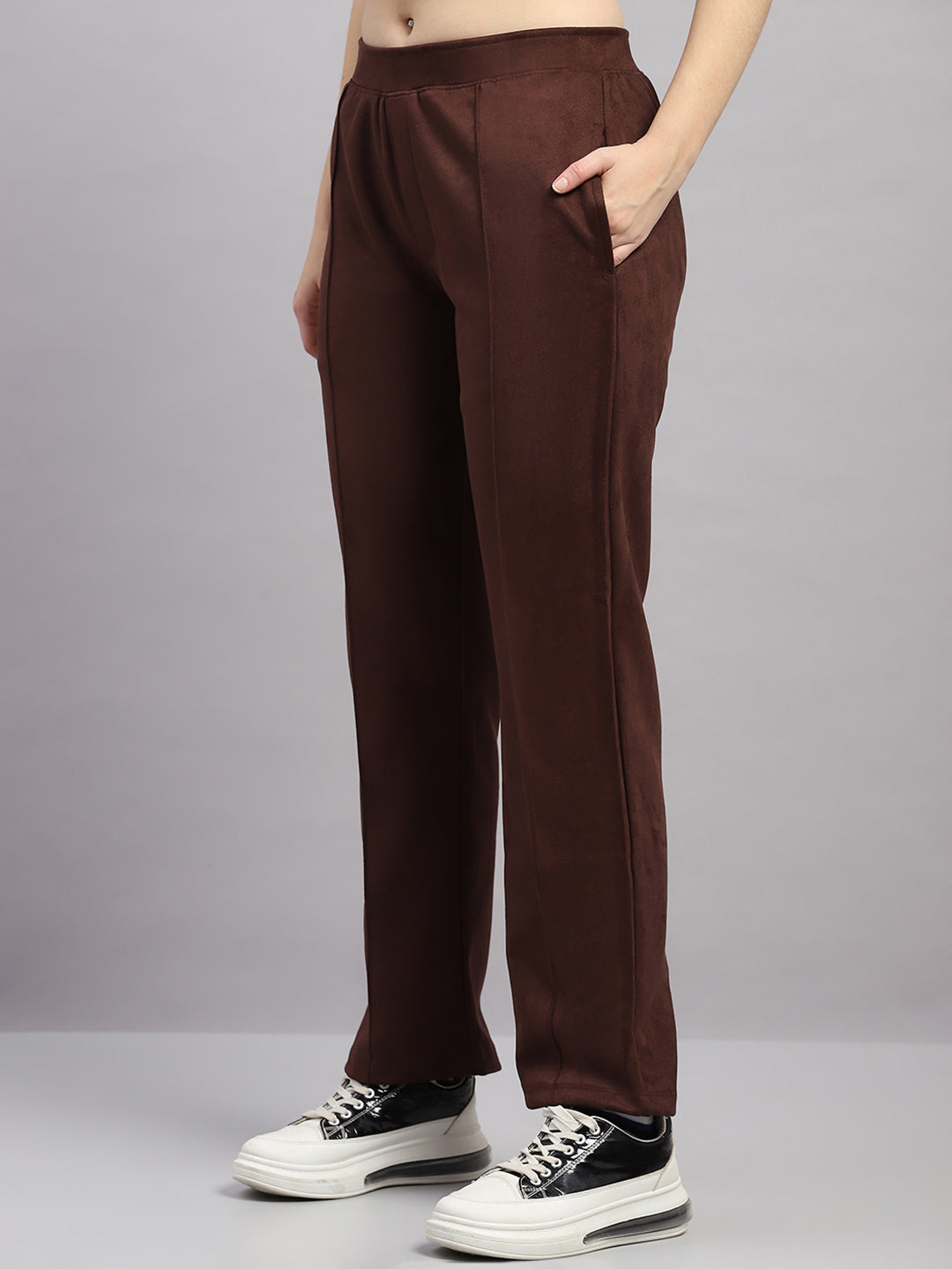 Women Brown Solid Hooded Full Sleeve Winter Tracksuit