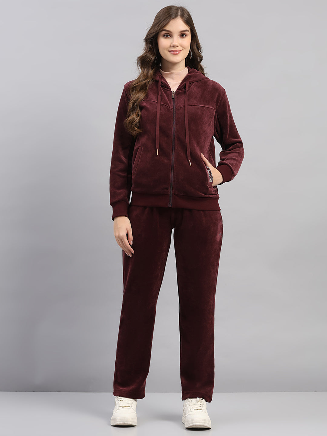 Women Burgundy Printed Hooded Full Sleeve Winter Tracksuit