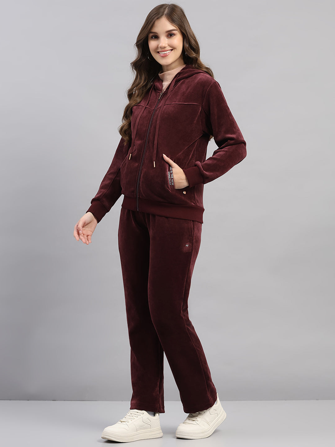 Women Burgundy Printed Hooded Full Sleeve Winter Tracksuit