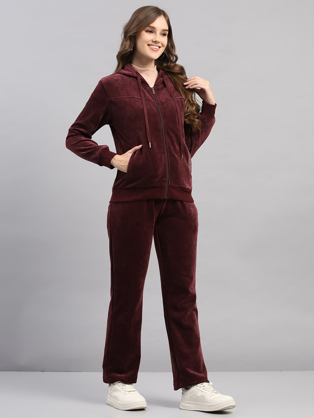 Women Burgundy Printed Hooded Full Sleeve Winter Tracksuit