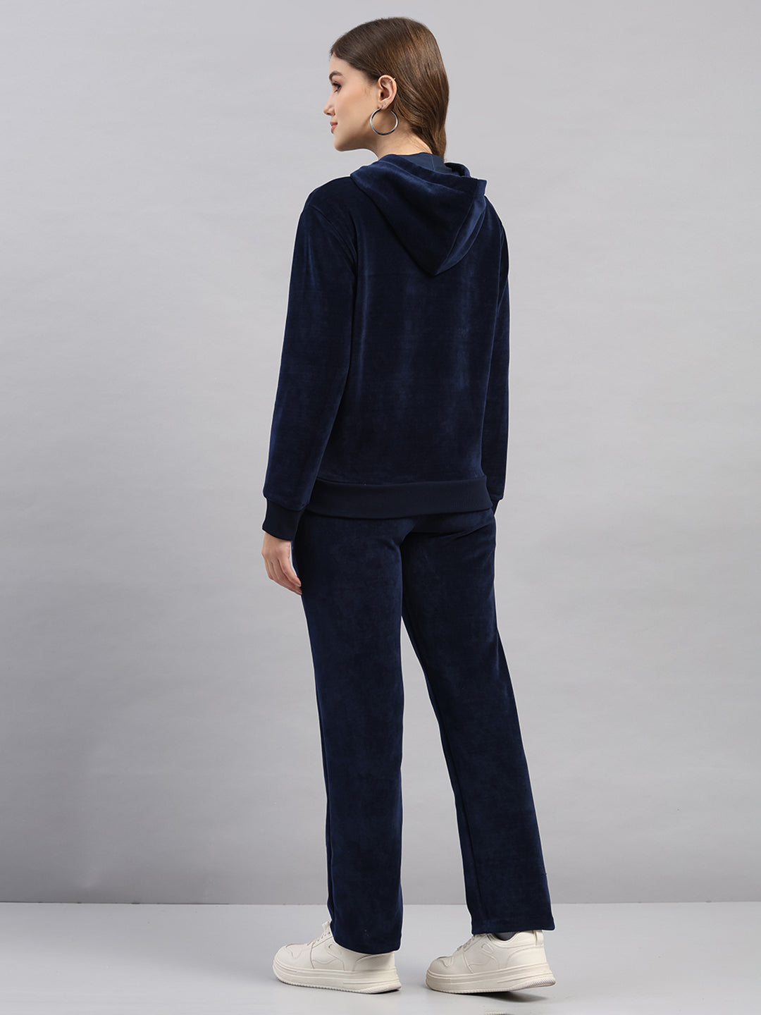Women Navy Blue Printed Hooded Full Sleeve Winter Tracksuit