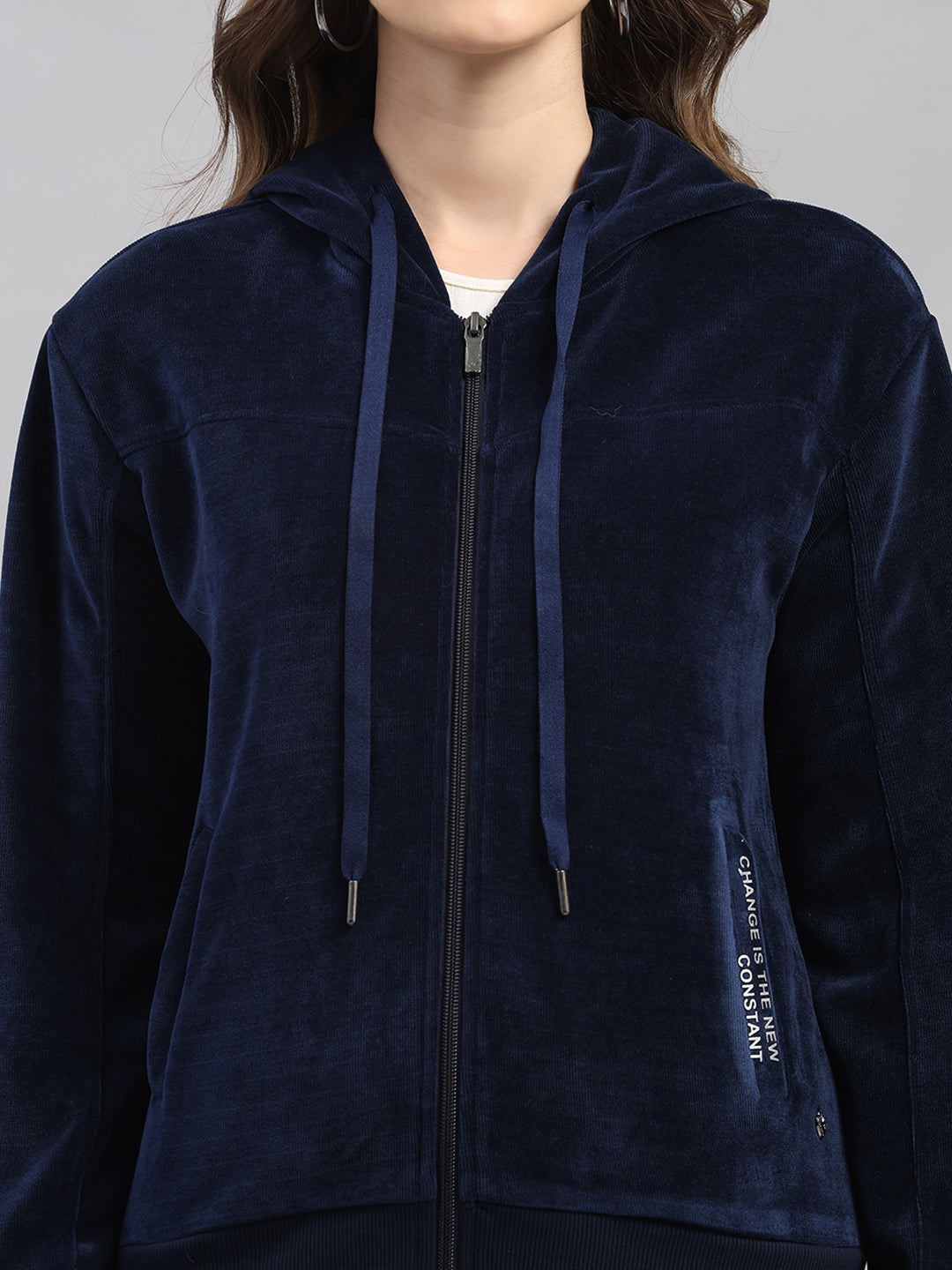 Women Navy Blue Printed Hooded Full Sleeve Winter Tracksuit