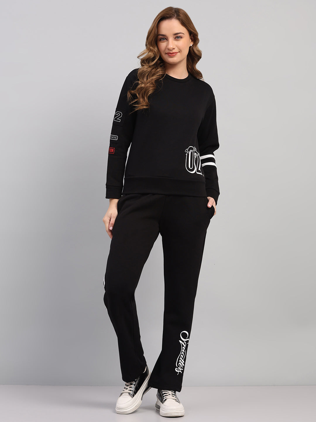 Women Black Printed Round Neck Full Sleeve Cords Set