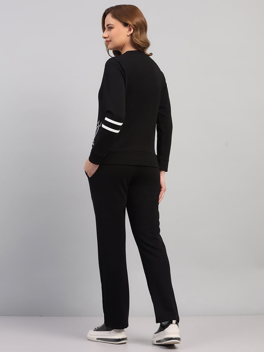 Women Black Printed Round Neck Full Sleeve Cords Set