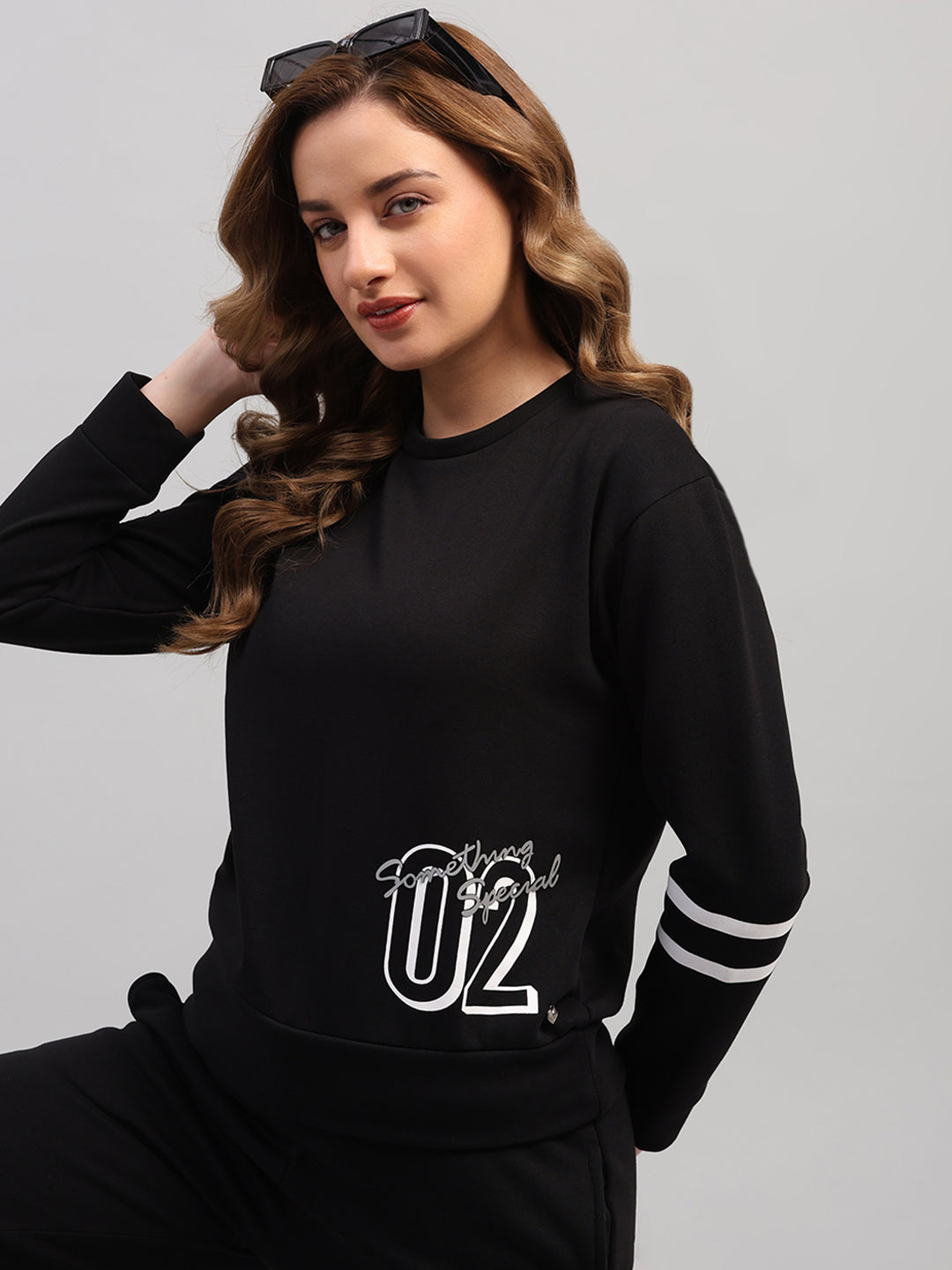 Women Black Printed Round Neck Full Sleeve Cords Set