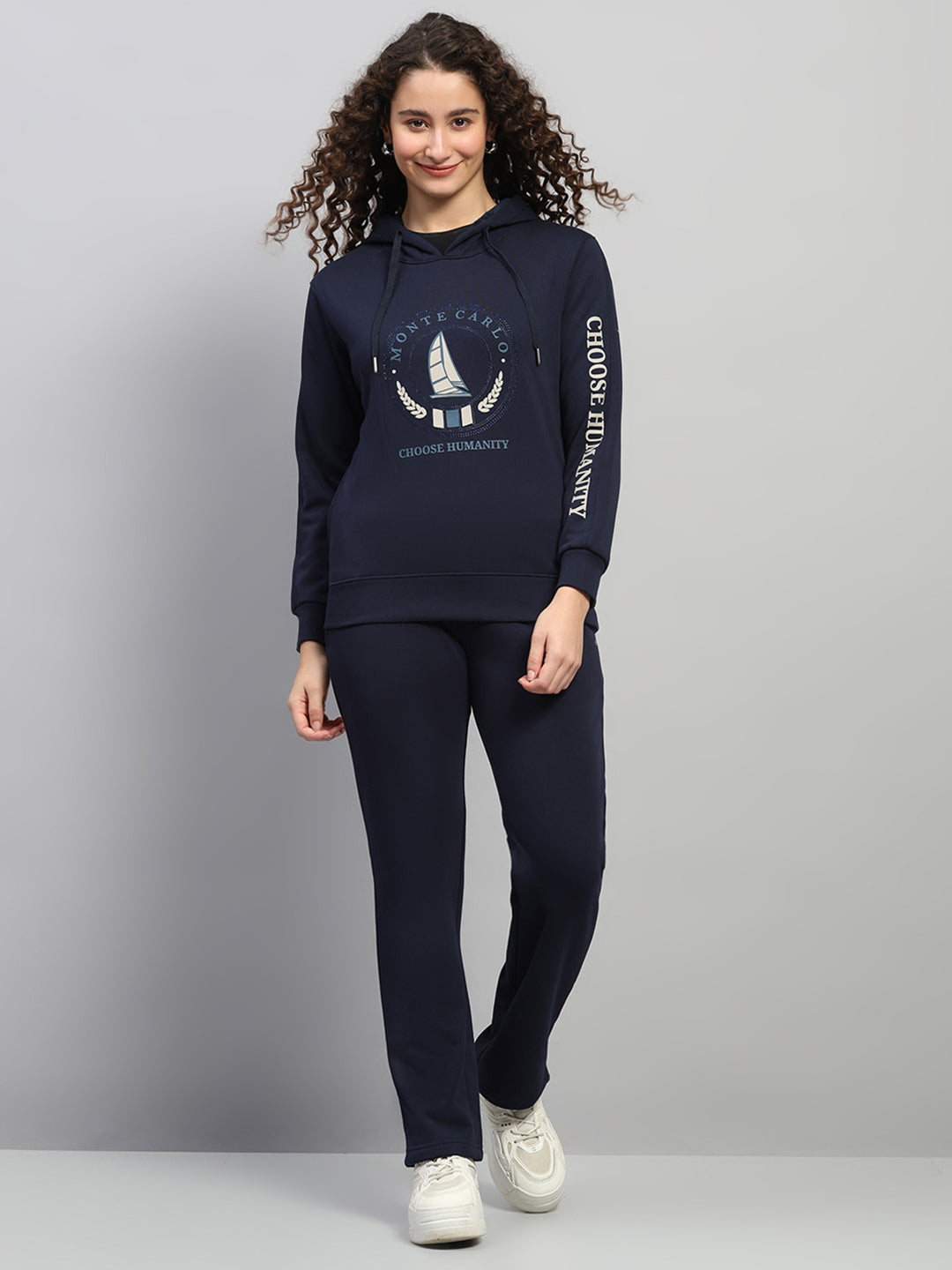 Women Navy Blue Printed Hooded Full Sleeve Cords Set