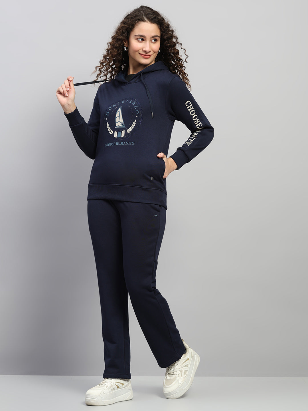 Women Navy Blue Printed Hooded Full Sleeve Cords Set