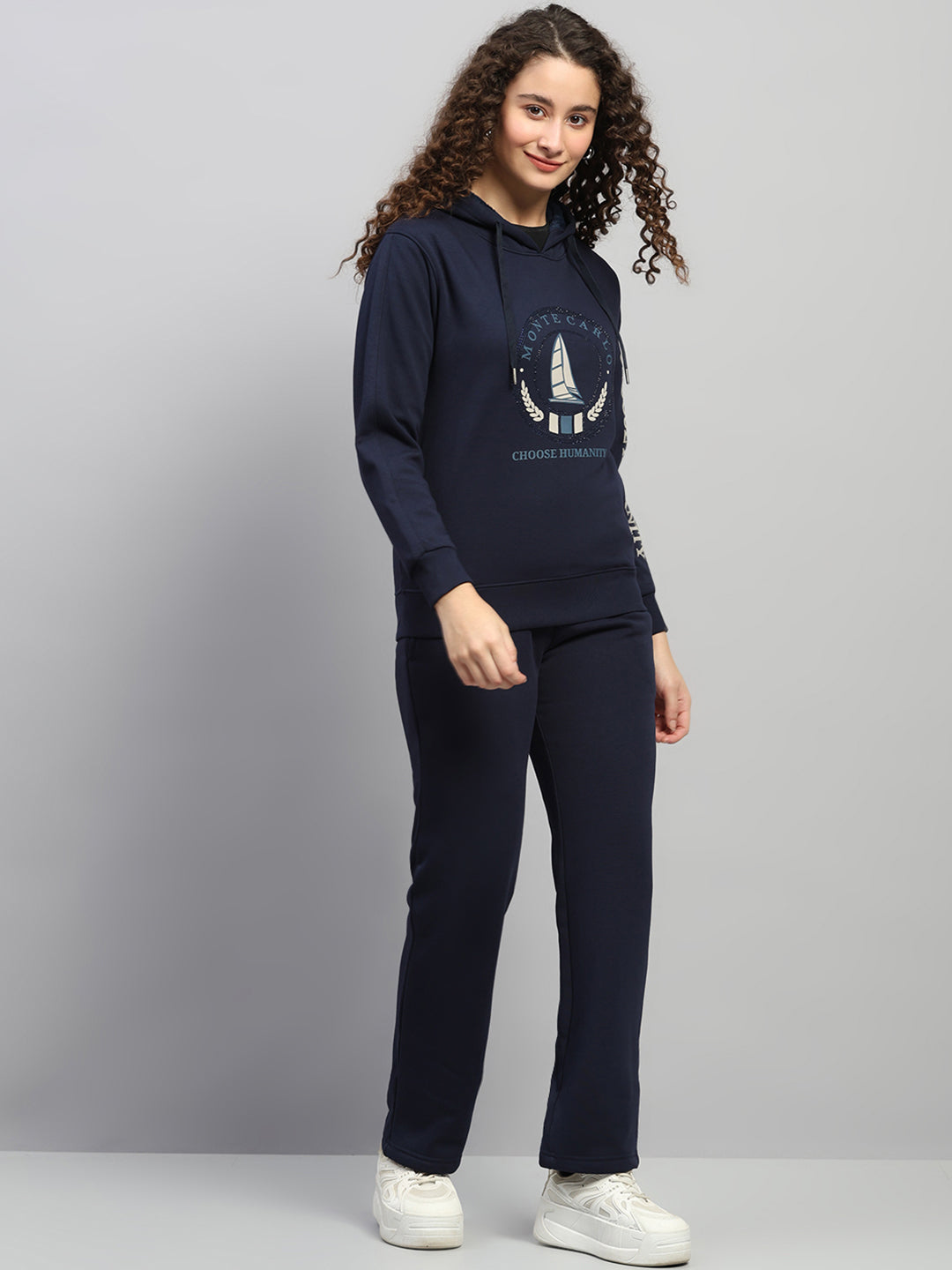 Women Navy Blue Printed Hooded Full Sleeve Cords Set