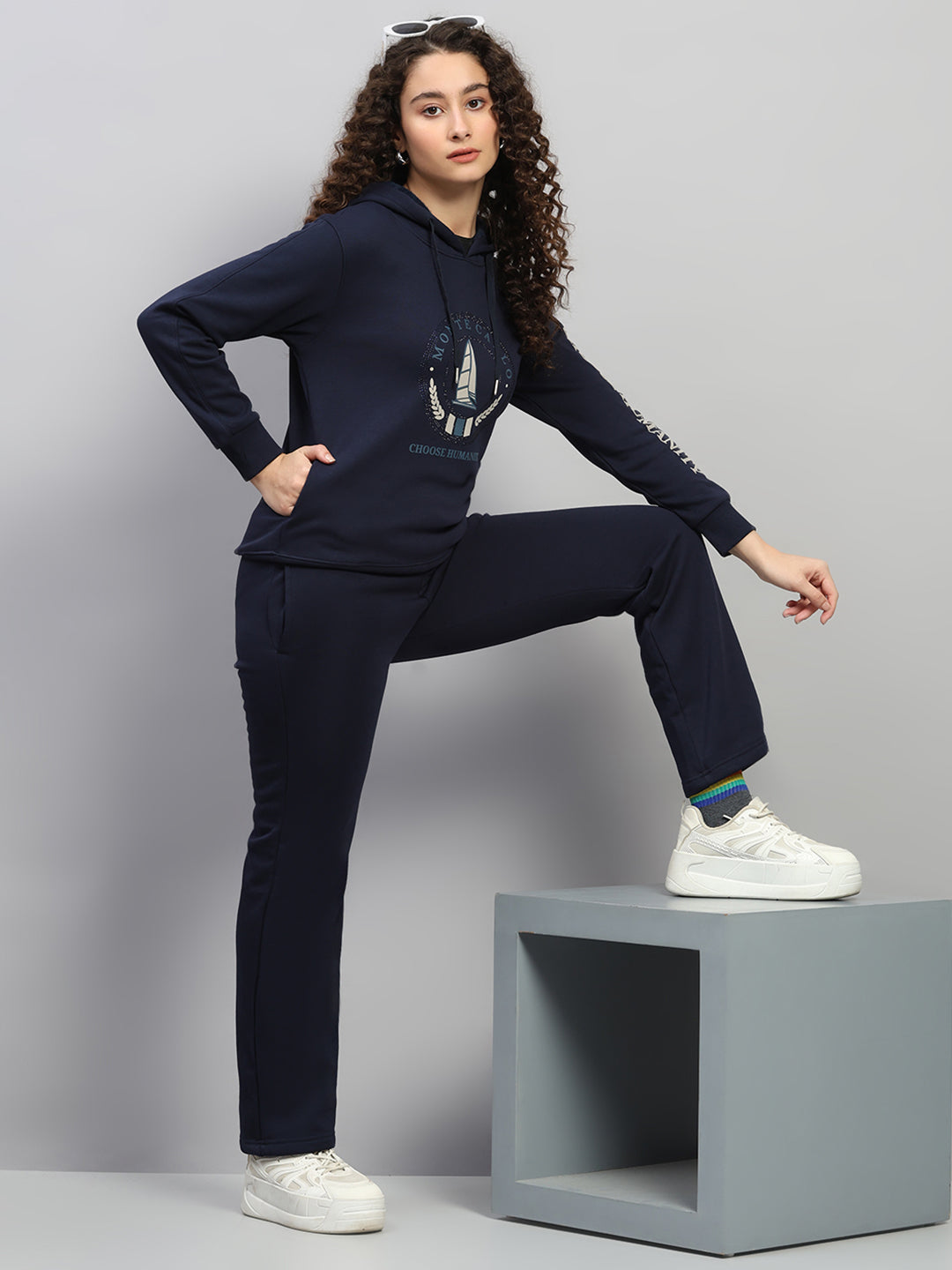 Women Navy Blue Printed Hooded Full Sleeve Cords Set