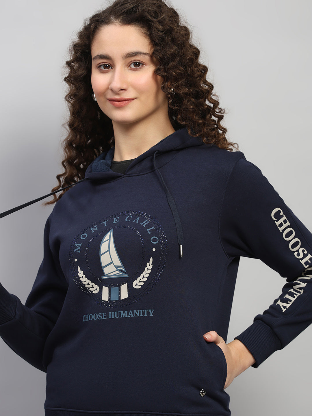 Women Navy Blue Printed Hooded Full Sleeve Cords Set