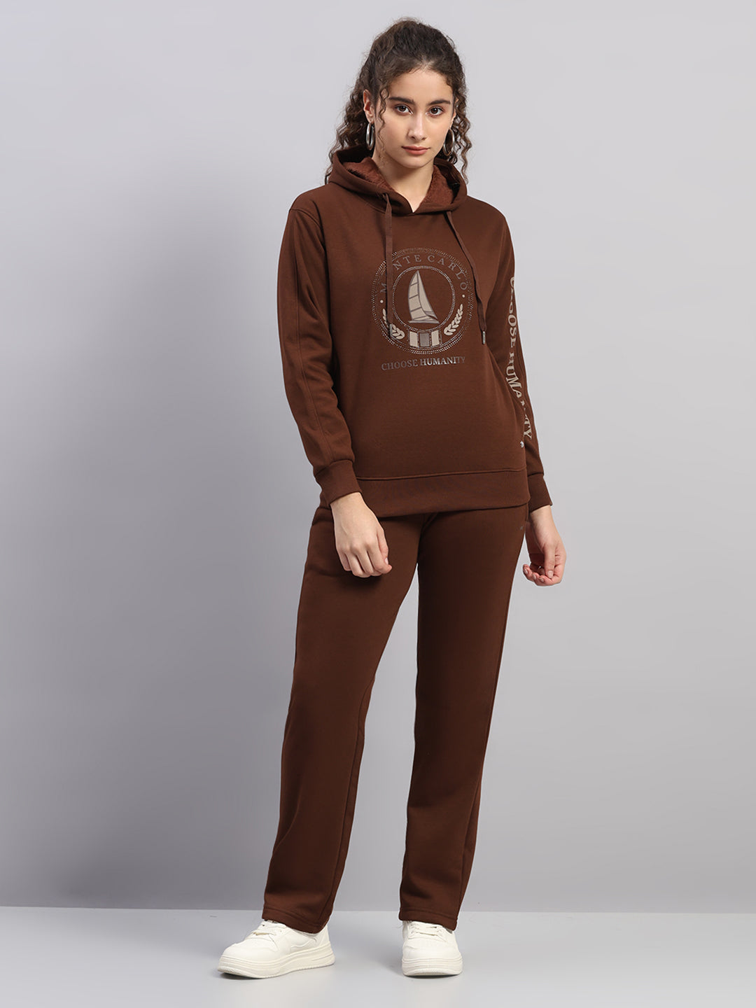 Women Brown Printed Hooded Full Sleeve Cords Set