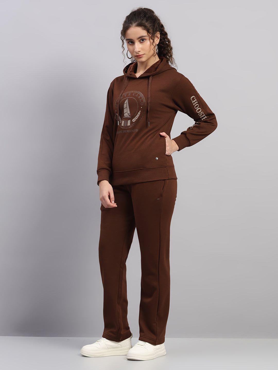 Women Brown Printed Hooded Full Sleeve Cords Set
