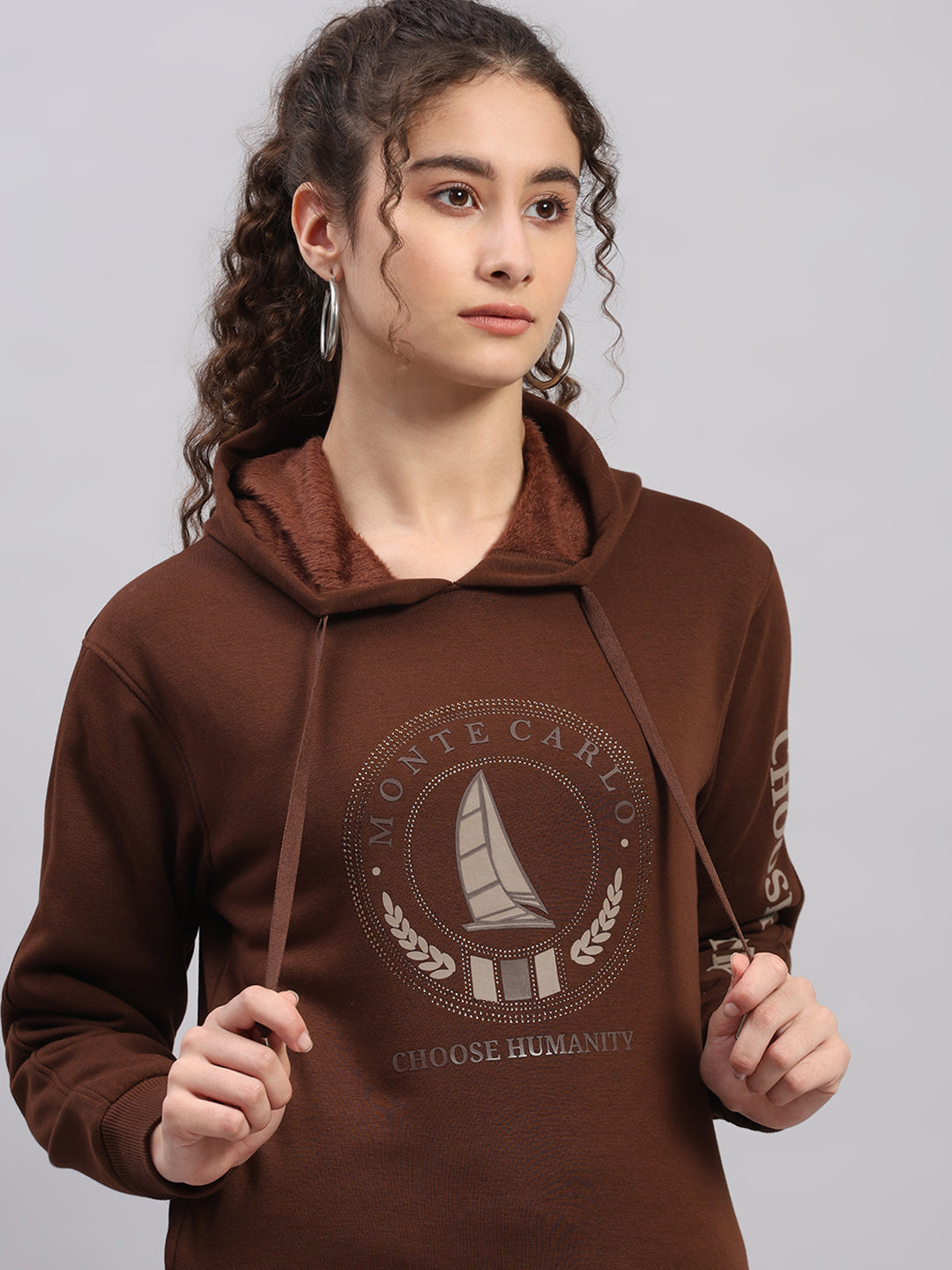 Women Brown Printed Hooded Full Sleeve Cords Set