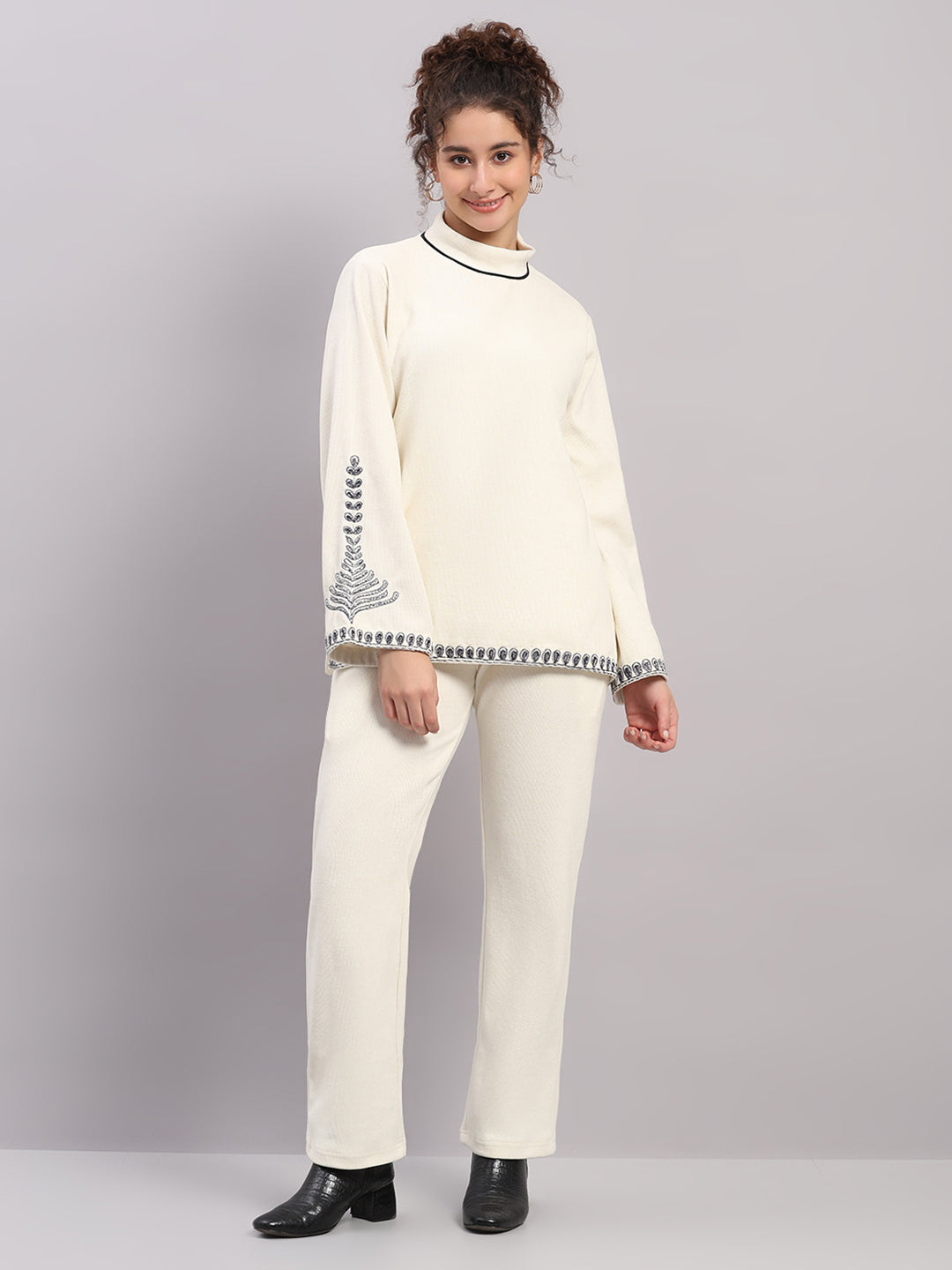 Women Cream Embroidered Turtle Neck Full Sleeve Cords Set