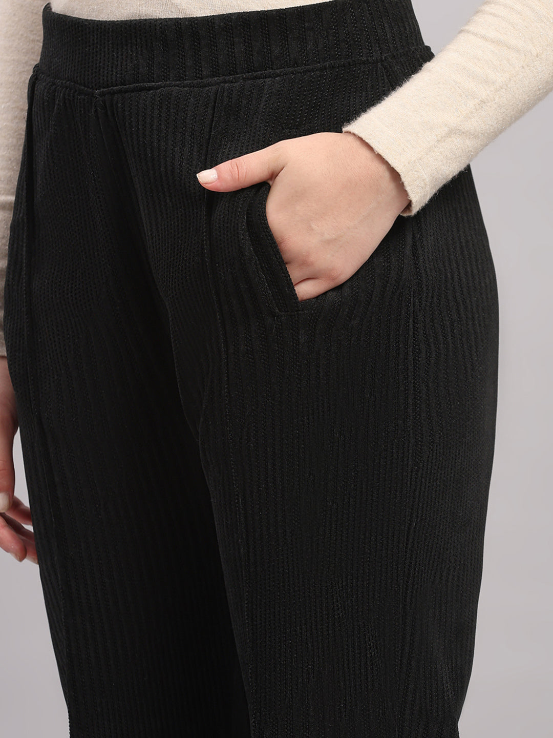 Women Black Self Design Regular Fit Winter Lower