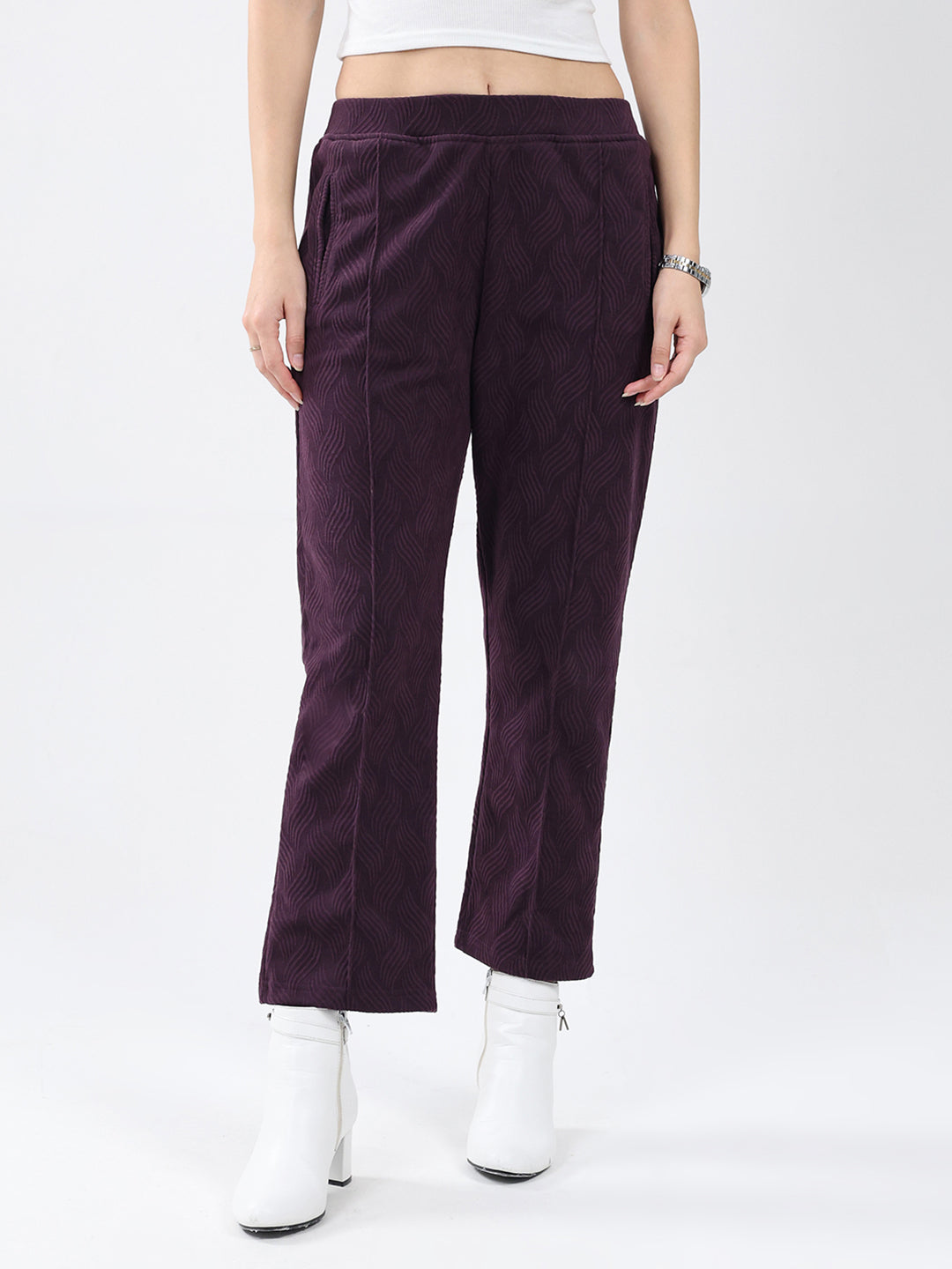 Women Purple Self Design Regular Fit Winter Lower