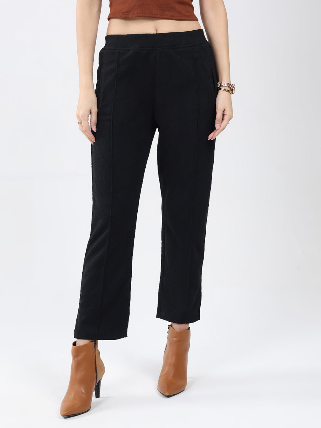 Women Black Self Design Regular Fit Winter Lower