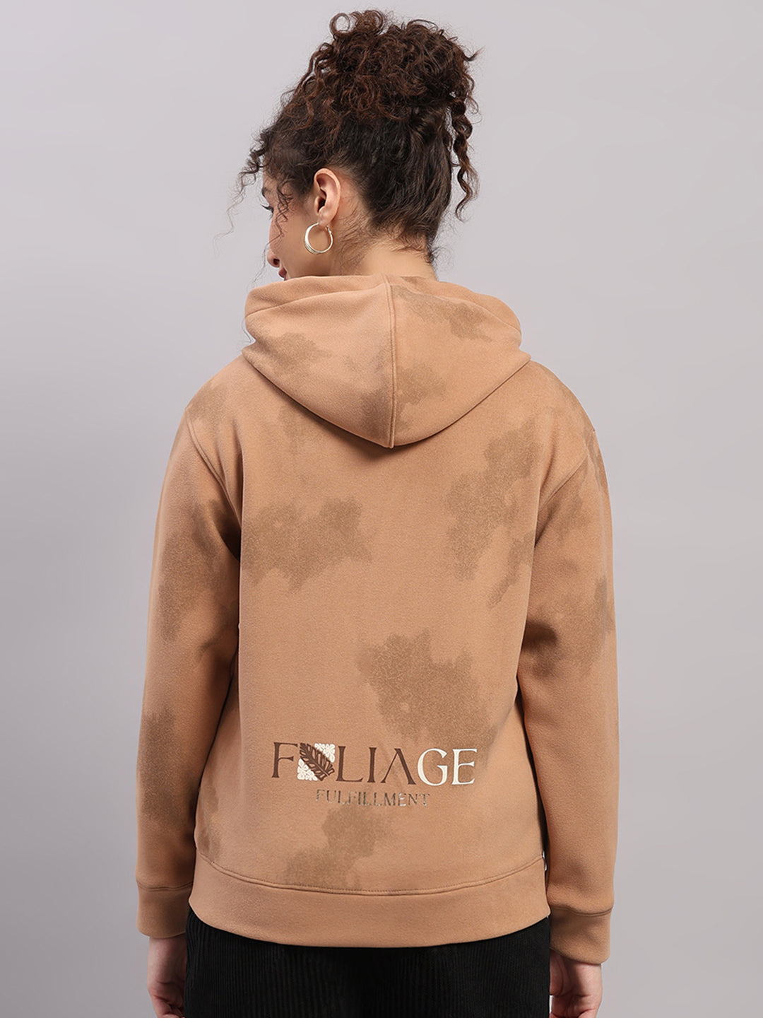 Women Brown Printed Hooded Full Sleeve Sweatshirt