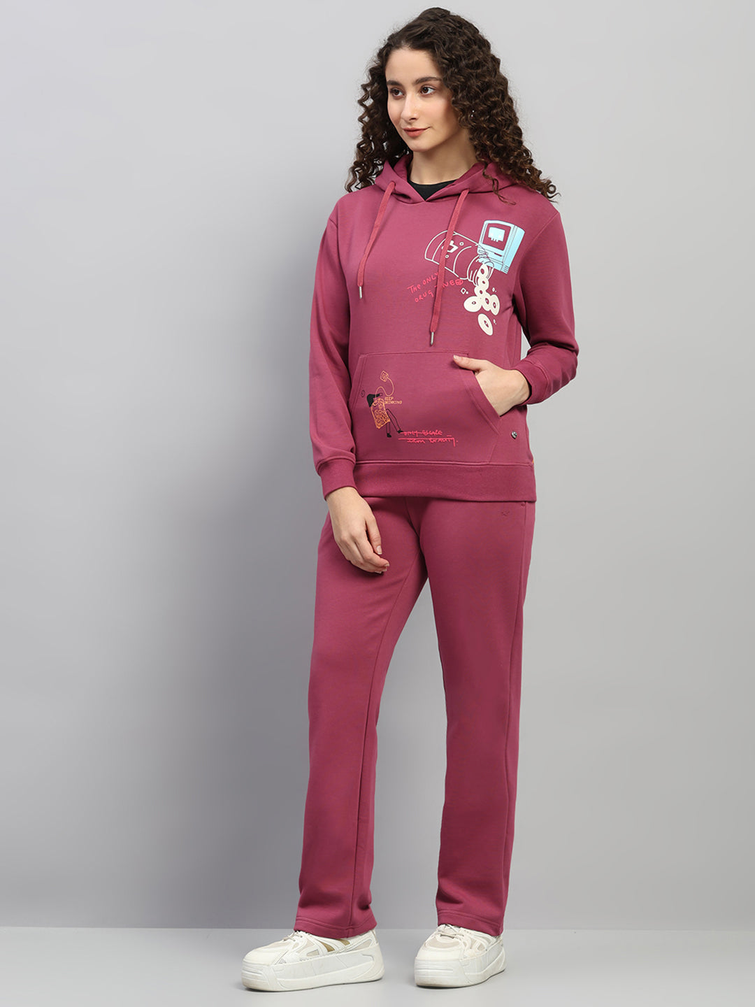 Women Rose Pink Printed Hooded Full Sleeve Winter Tracksuit