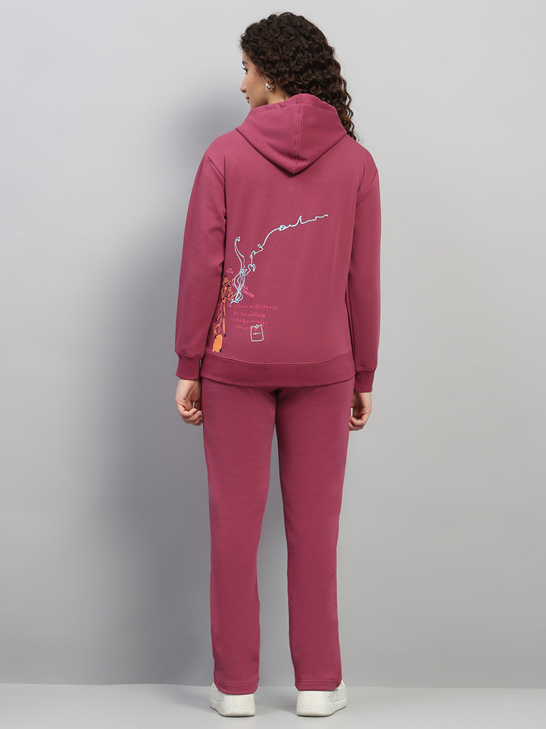 Women Rose Pink Printed Hooded Full Sleeve Winter Tracksuit