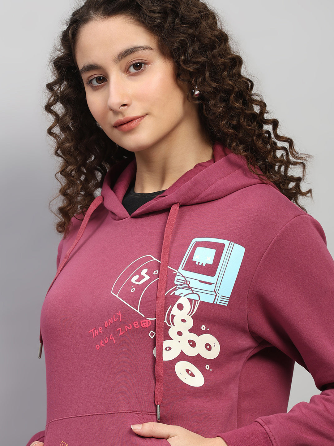 Women Rose Pink Printed Hooded Full Sleeve Winter Tracksuit