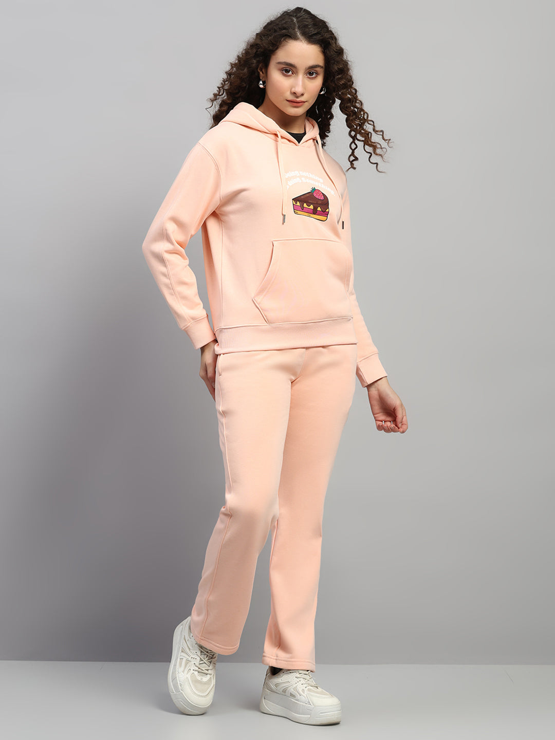 Women Peach Printed Hooded Full Sleeve Winter Tracksuit