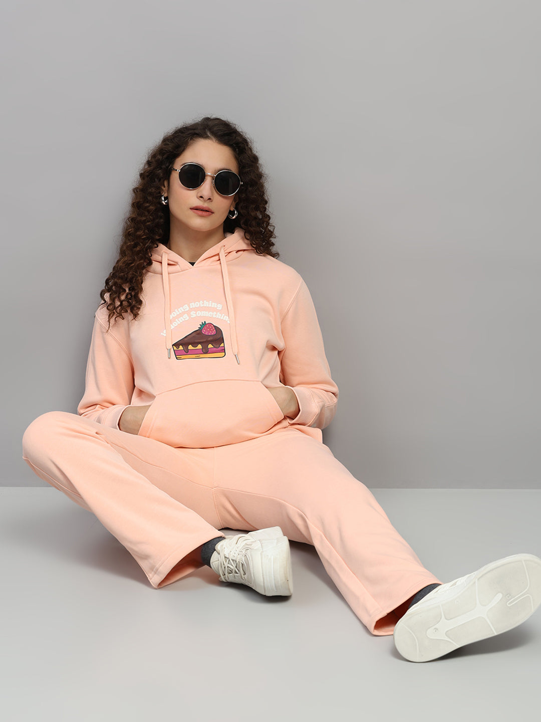 Women Peach Printed Hooded Full Sleeve Winter Tracksuit