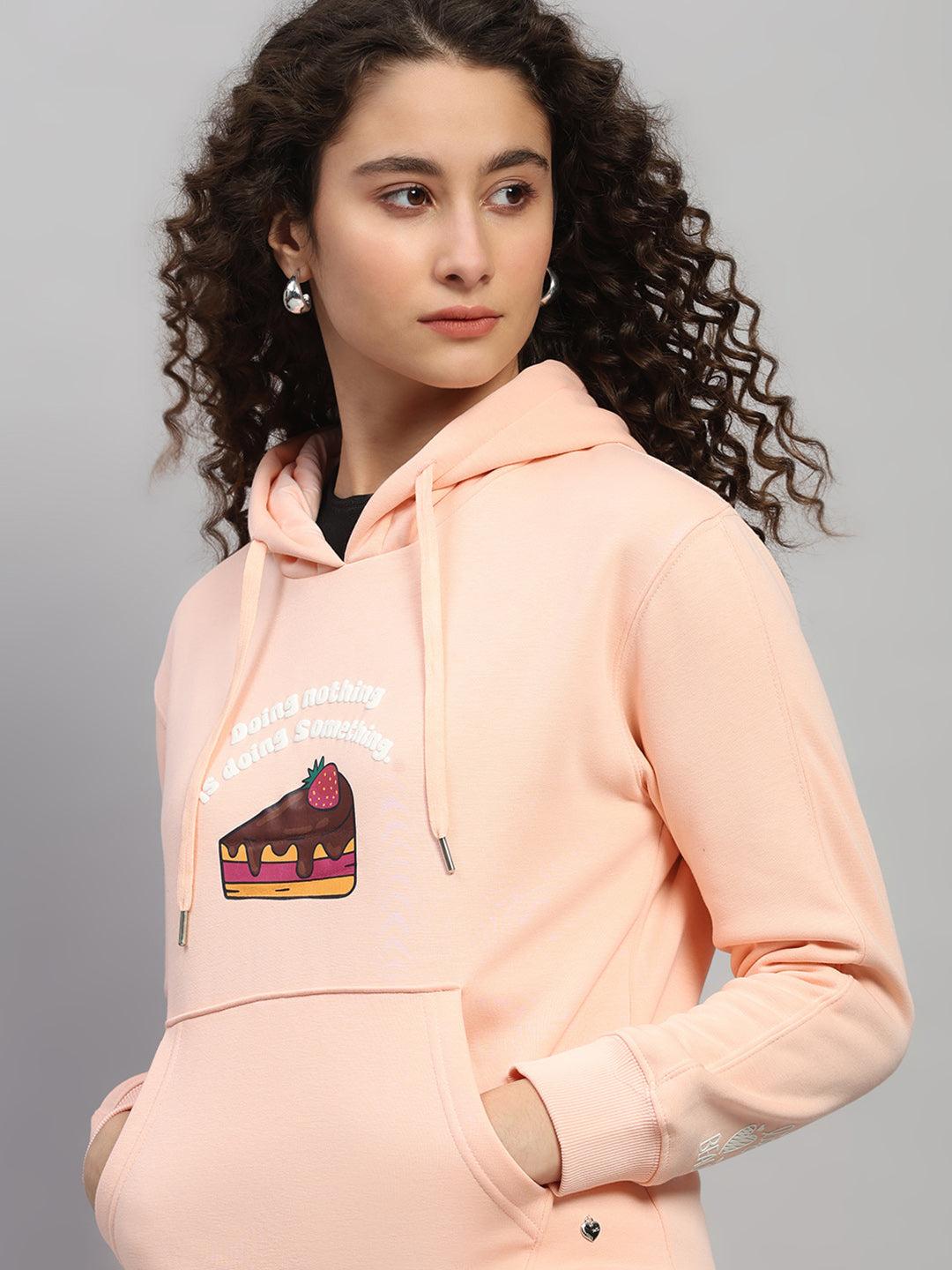 Women Peach Printed Hooded Full Sleeve Winter Tracksuit