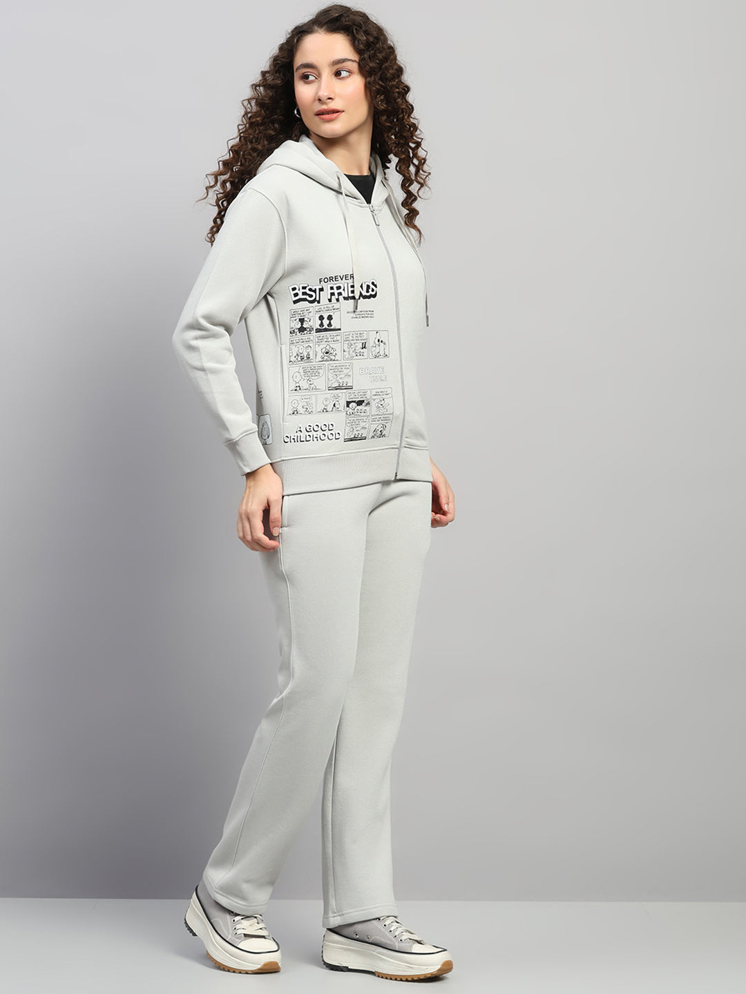 Women Grey Printed Hooded Full Sleeve Winter Tracksuit