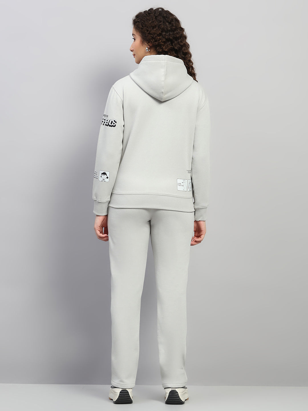 Women Grey Printed Hooded Full Sleeve Winter Tracksuit